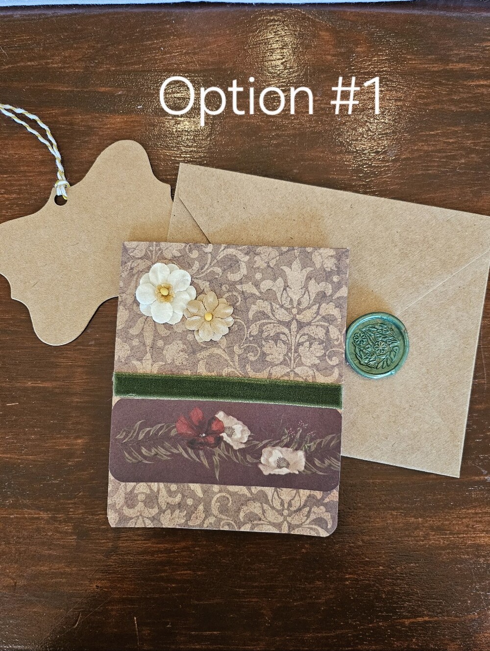 Handmade Floral Gift Card with Velvet Ribbon - Brown & Green